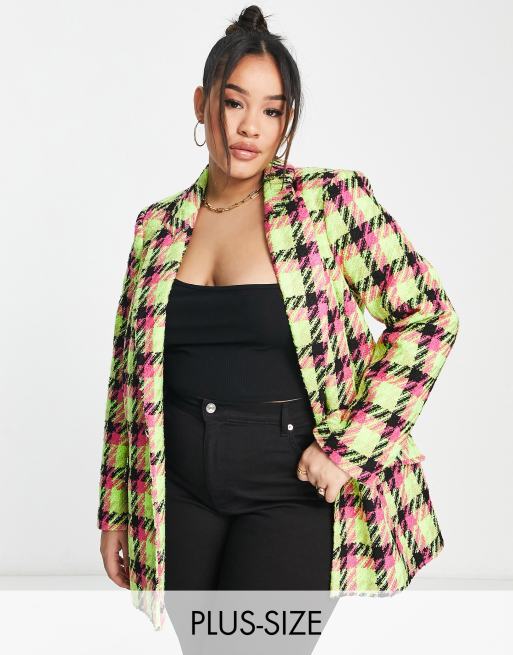 River Island Plus - Blazer bouclé color lime a quadri in coordinato