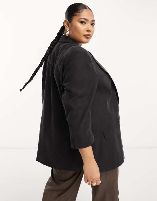 Plus Black Velvet Fitted Blazer, Plus Size