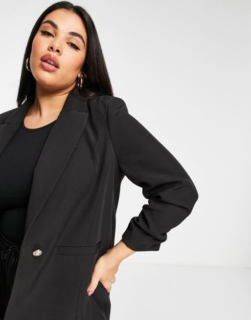 River Island Plus Blazer in Schwarz mit gerafften rmeln