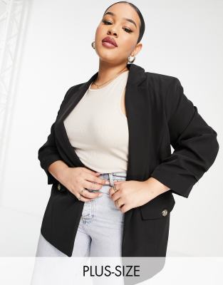 River Island Plus - Blazer in Schwarz mit gerafften Ärmeln