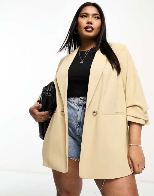 River Island Plus - Blazer met geplooide mouwen in donkerbeige 