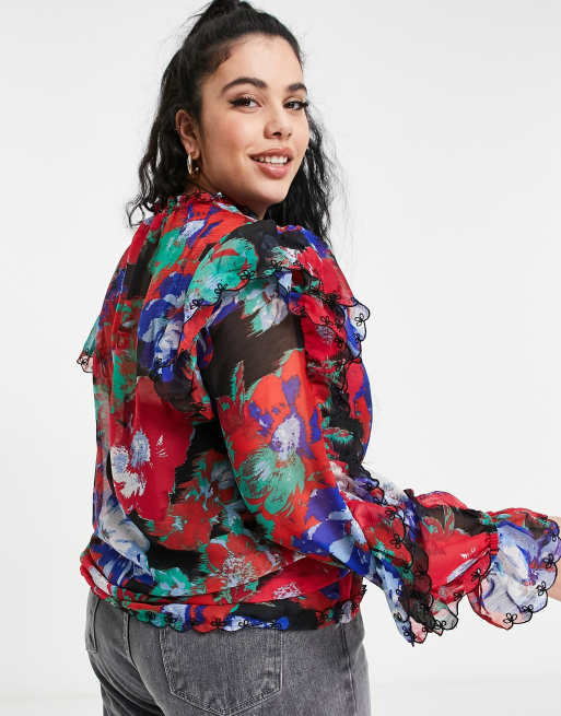 River Island Plus - Blouse à manches à volants et imprimé floral - Rouge, 2 de 4