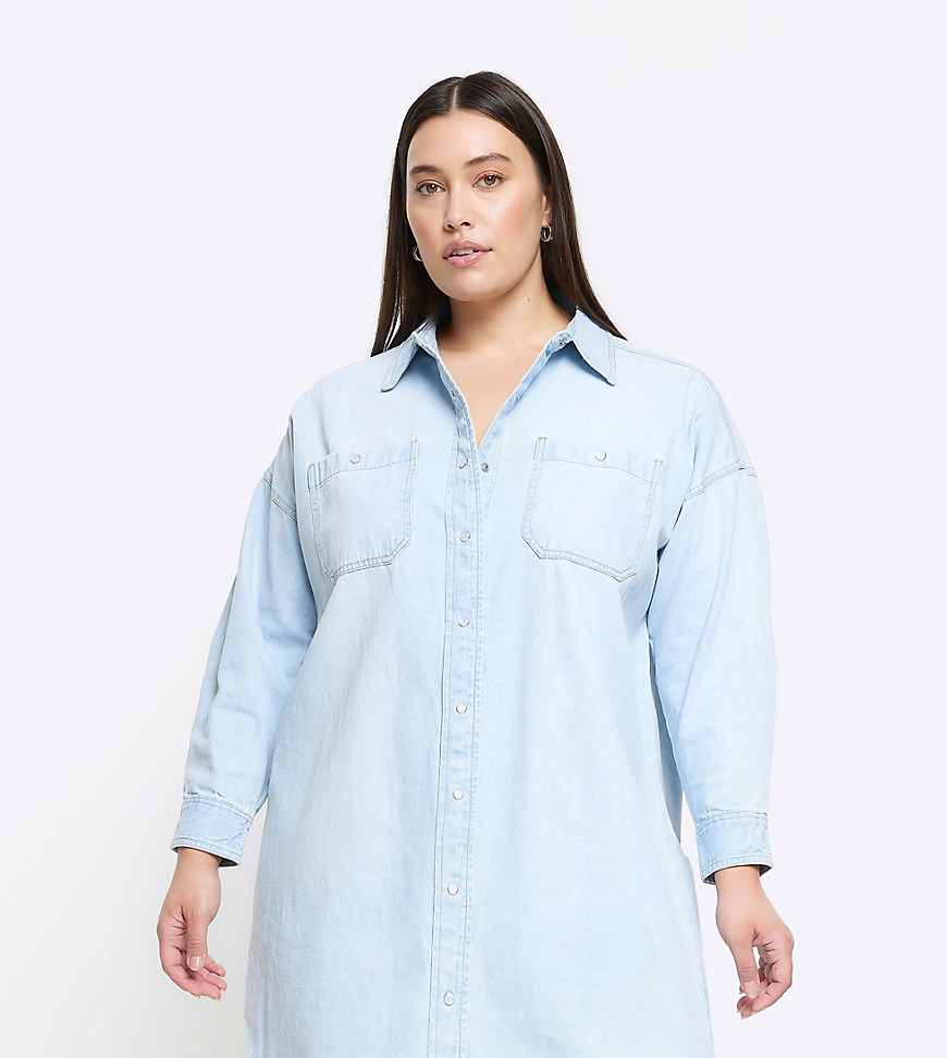 River Island Plus Blue oversized mini shirt dress in denim - medium