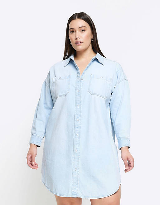 River Island Plus Blue oversized mini shirt dress in denim - medium | ASOS