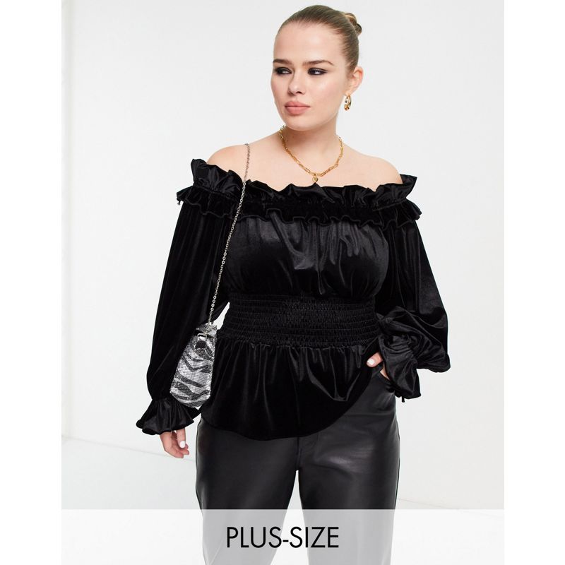 Donna Camicie e bluse River Island Plus - Blusa con scollo Bardot in velluto nero con volant e vita arricciata