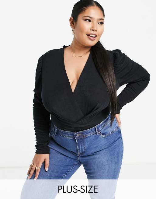 River Island Plus - Body met overslag aan de voorkant in zwart