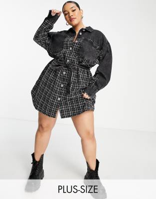 River Island Plus Boucle Mix Denim Mini Dress In Black ModeSens