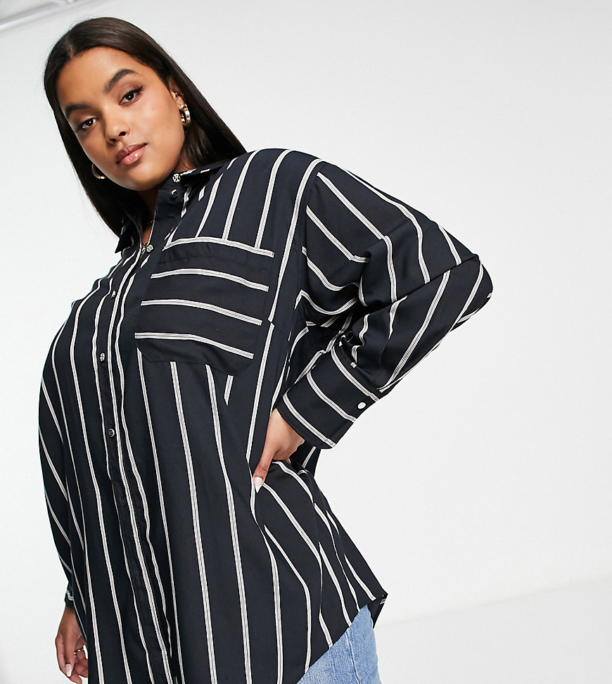 Plus-size shirt by River Island The scroll is over Stripe print Spread collar Drop shoulders Chest pocket Boyfriend fit