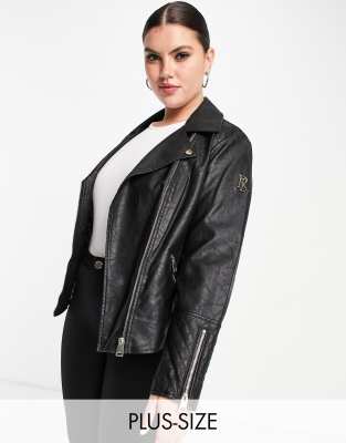 River Island Plus Branded Faux Leather Biker Jacket In Black | ModeSens