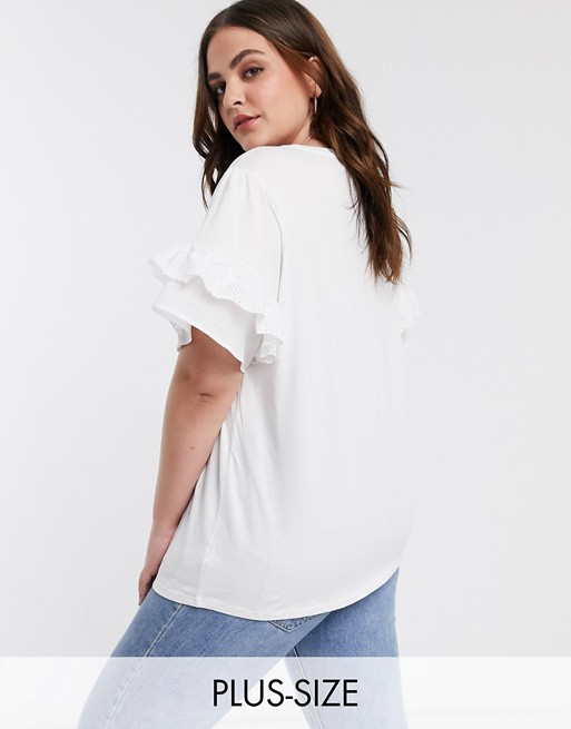 River Island Plus broderie flute sleeve t-shirt in white
