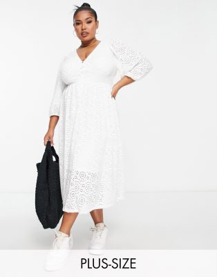 River Island Plus River Island Plus broderie midi smock dress in white-Black