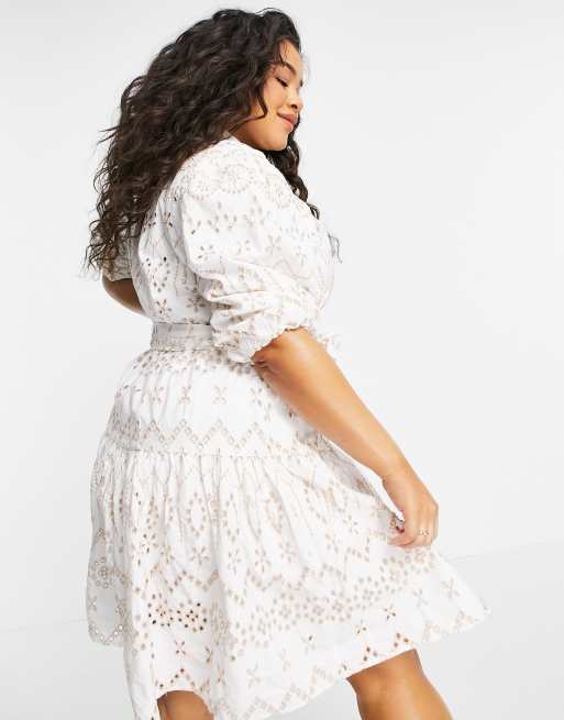 River Island Plus broderie puff-sleeved shirt mini dress in beige | ASOS