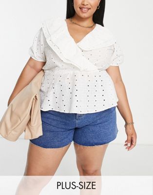 River Island Plus broderie ruffle top in white - ASOS Price Checker