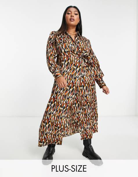 River Island Plus – Brun djurmönstrad midiklänning med omlottdesign - view 1