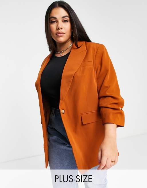 River Island Plus – Brun, enkelknäppt kavaj i dad-modell