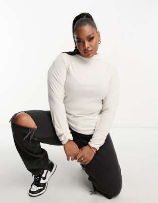 River Island Plus River Island Plus brushed rib high neck long sleeved top in beige-Neutral