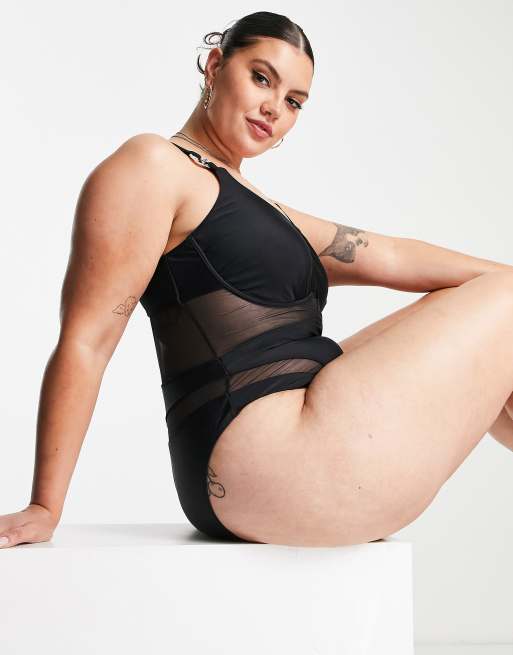 River Island Plus – Bügel-Badeanzug in Schwarz mit Detail aus Netzstoff, 4 von 4