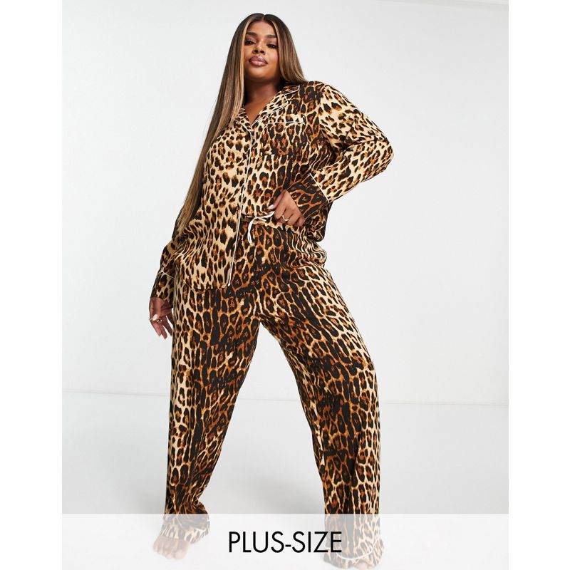 Intimo e abbigliamento notte Abbigliamento notte River Island Plus - Completo pigiama con camicia e pantaloni in raso marrone con stampa leopardata