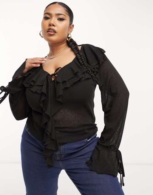 River Island Plus - Camicia nera in rete con volant sul davanti