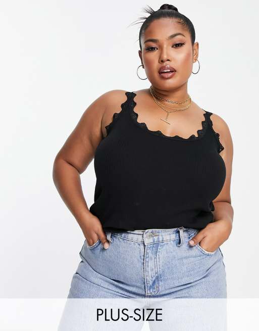 River Island Plus - Canotta con bordi in pizzo nera
