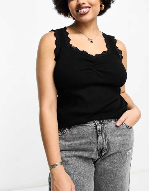 River Island Plus - Canotta nera arricciata con dettagli in pizzo