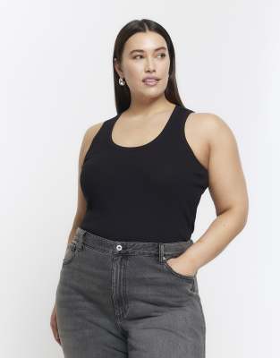 River Island Plus - Canotta nera con scollo rotondo a contrasto