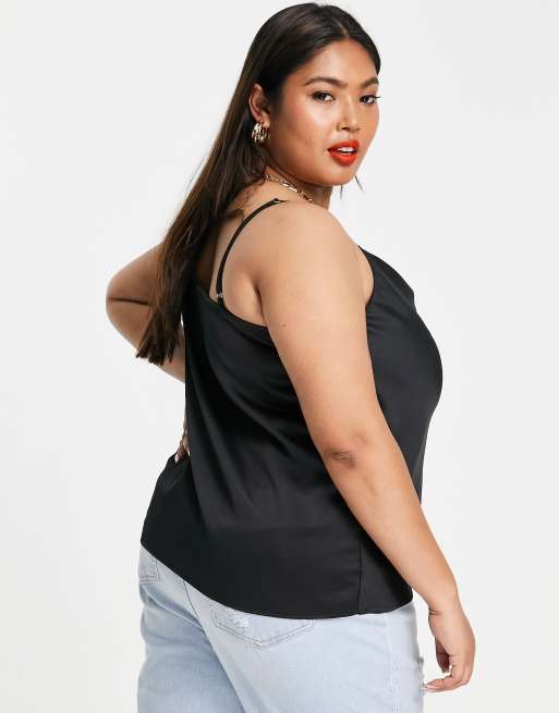 River Island Plus - Canottiera con scollo ad anello in raso nero, 2 di 4