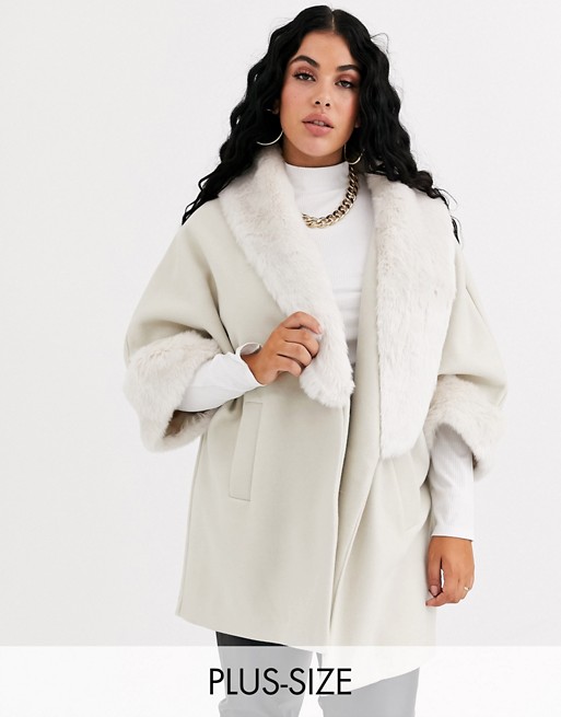 River Island Plus cape sleeve jacket with faux fur trim in cream