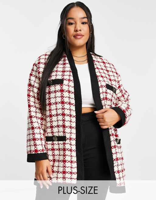 River Island Plus - Cardigan in bouclé rosso a quadri in coordinato