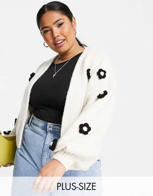 River Island Plus - Cardigan in maglia a trecce con fiori 3D color crema