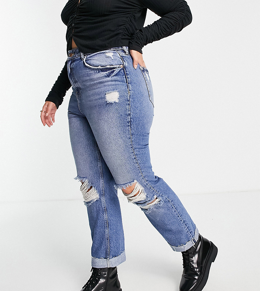 Plus-size jeans by River Island It’s all in the jeans Distressed finish High rise Belt loops Five pockets Ripped knees Raw-cut hem Straight fit