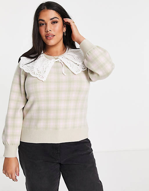 Jumpers & Cardigans River Island Plus checked jumper with broderie collar detail in pink 