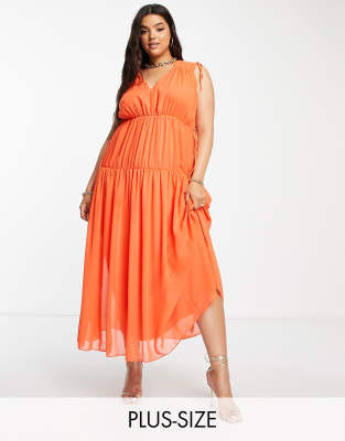 River Island Plus chiffon maxi dress in coral-Orange