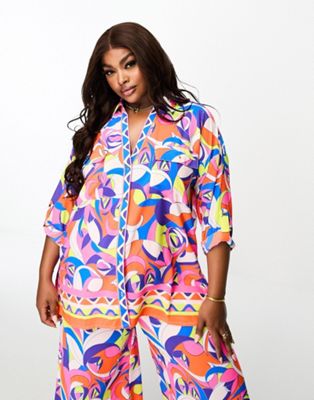 River Island Plus co-ord abstract print oversized beach shirt in bright blue