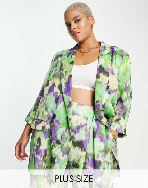 River Island Plus co-ord blur ruched sleeve blazer in green - view 1