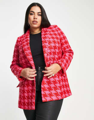 River Island Plus co-ord dogtooth boucle blazer in bright pink