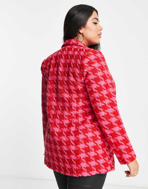 River Island Plus co-ord dogtooth boucle blazer in bright pink, 2 of 4