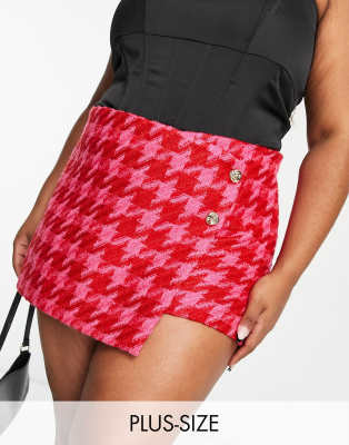 River Island Plus co-ord dogtooth boucle skort in bright pink