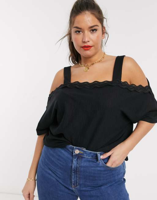 Lace trim cold shoulder top hot sale