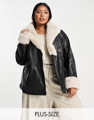 Plus size leather store jackets with fur collar