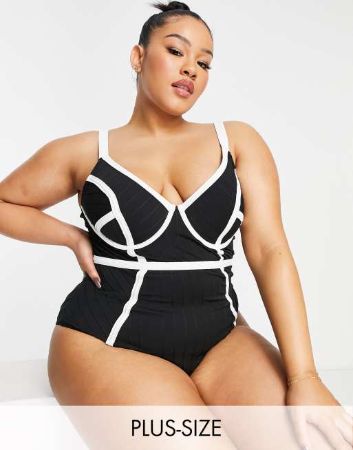 River Island Plus - Costume da bagno nero con finiture fascianti