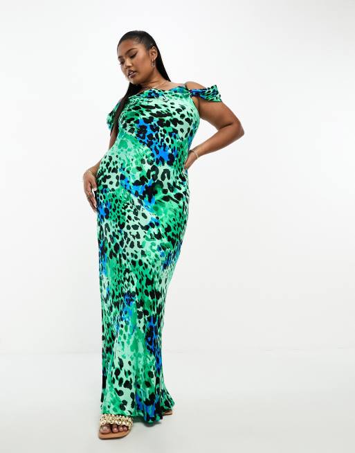 PRINTED SATIN EFFECT MIDI DRESS - Black / Green