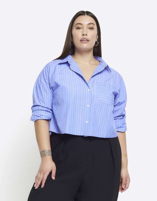 River Island Plus - Cropped overhemd van popeline in blauw