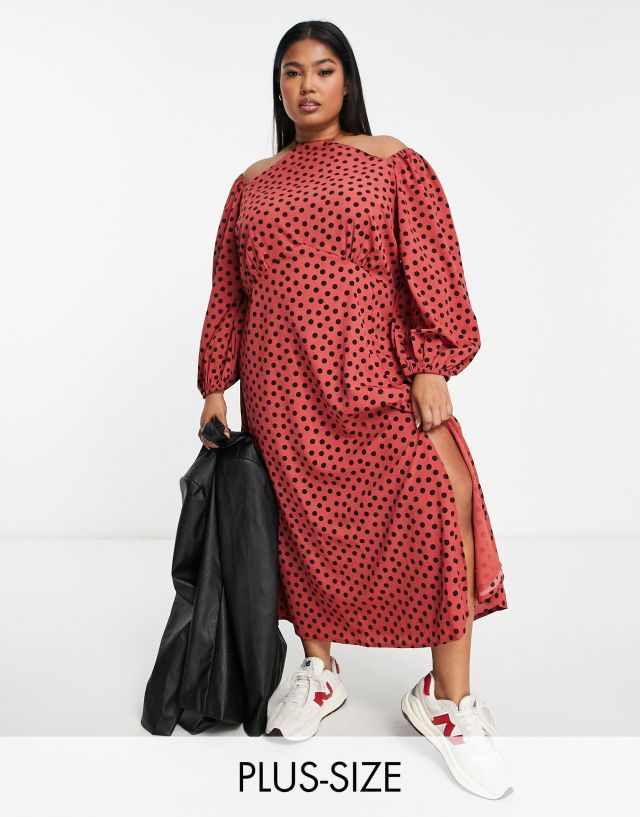 River Island Plus cut out neck maxi dress in rust polka dot