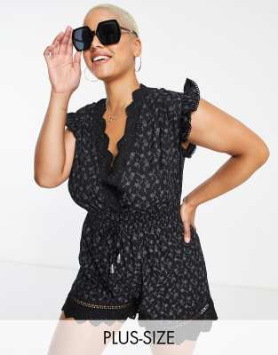 River Island Plus River Island Plus cutwork detail beach playsuit in black