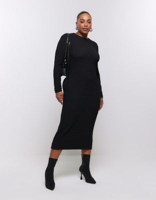 River Island Plus – Czarna, fakurowana sukienka kolumnowa midi