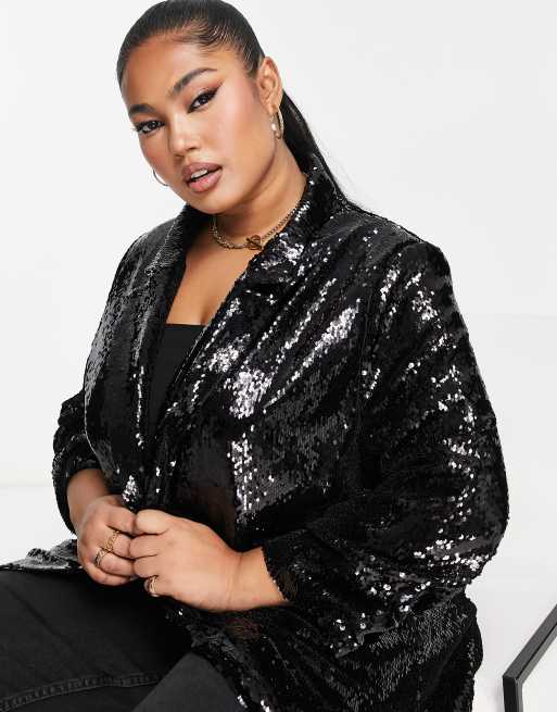 River Island Plus – Czarna marynarka cekinowa oversize, część zestawu, 3 z 4