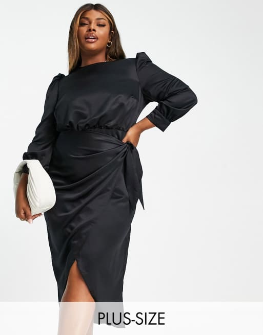 River Island Plus – Czarna satynowa sukienka kopertowa midi