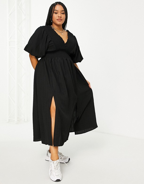 River Island Plus – Czarna sukienka midi z bufiastymi rękawami Black Projekty 