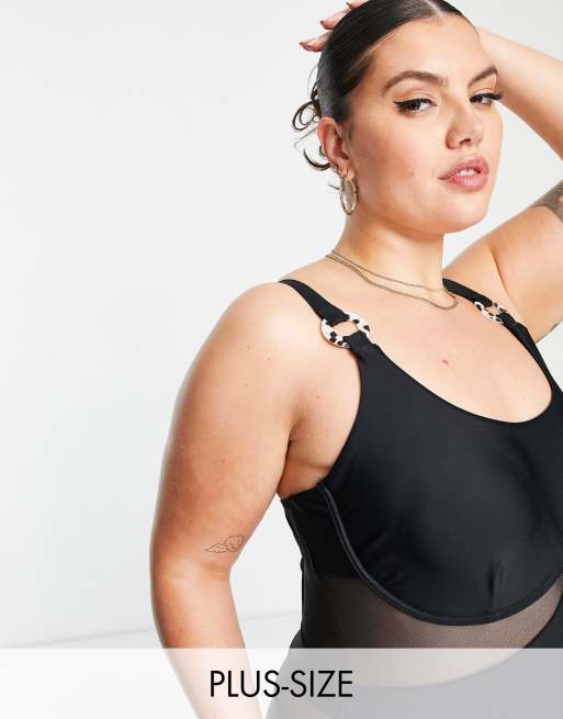 River Island Plus – Czarny siateczkowy strój kąpielowy z fiszbinami